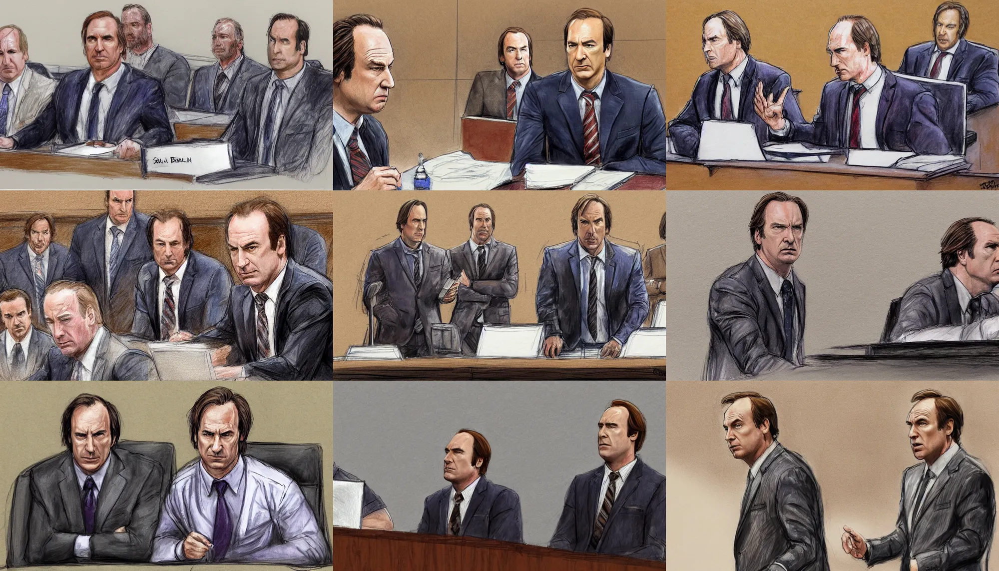 Prompt: Saul Goodman played by Bob Odenkirk defending Thanos played by Josh Brolin in court, courtroom sketch