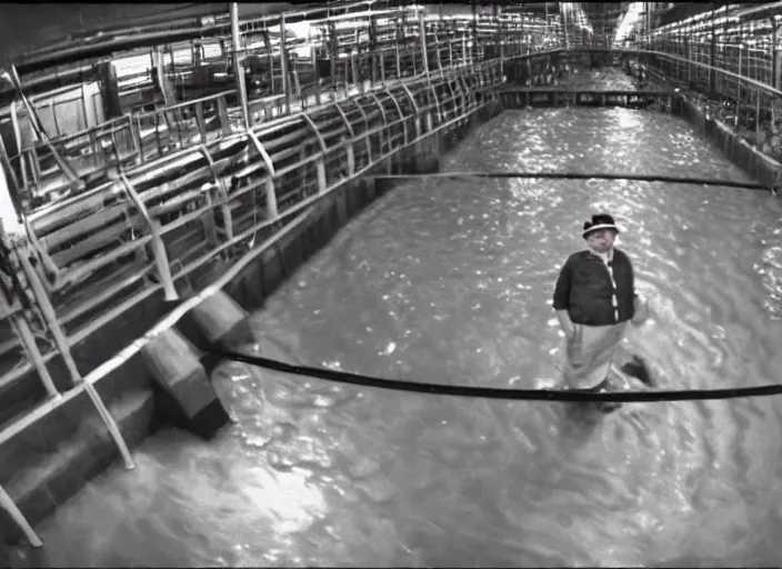 Prompt: grainy security cam footage still of Augustus Gloop in the factory's indoors chocolate river at Wonka's Chocolate Factory, extreme wide angle, far away