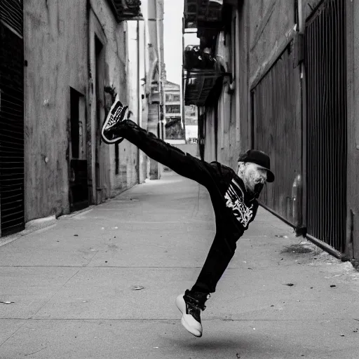 Image similar to Yitzhak Rabin wearing punk clothes and a cap doing breakdance moves in an alley, black and white, street photography, 4k, HQ