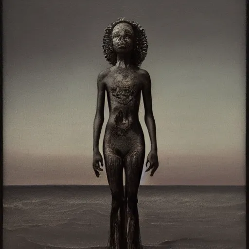 Image similar to unnerving, ornate by zdzislaw beksinski, by chris uminga naturalism. the kinetic sculpture of a young girl in a traditional hula outfit. she is standing on a surfboard in front of a beautiful ocean landscape.