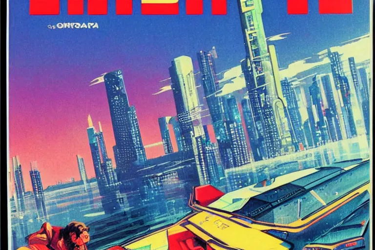 Image similar to 1979 OMNI Magazine Cover of a crystal Pepsi. In the background neo-Tokyo seawall. in cyberpunk style by Vincent Di Fate