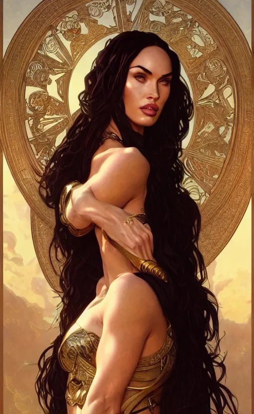 Image similar to portrait of megan fox as the goddess circe, greek mythology, intricate, headshot, highly detailed, digital painting, artstation, concept art, sharp focus, cinematic lighting, illustration, art by artgerm and greg rutkowski, alphonse mucha, cgsociety