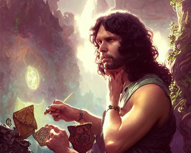 Prompt: jim morrison, 8 k, deep focus, d & d, fantasy, intricate, elegant, highly detailed, digital painting, artstation, concept art, matte, sharp focus, illustration, hearthstone, art by artgerm and greg rutkowski and alphonse mucha