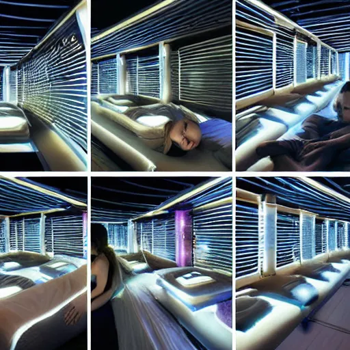 Prompt: cybernetic sleeping healing pods, diverse humans sleeping in healing pods, humans sleeping in healing pods, from the side, floating bodies, wide wide angle, vivid, elaborate, highly detailed, beautiful lighting