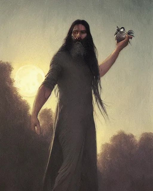 Image similar to portrait of a man with long black hair and beard holding a bird, full moon in the background, fine portrait, beautiful, concept art, by greg rutkowski, by jean delville