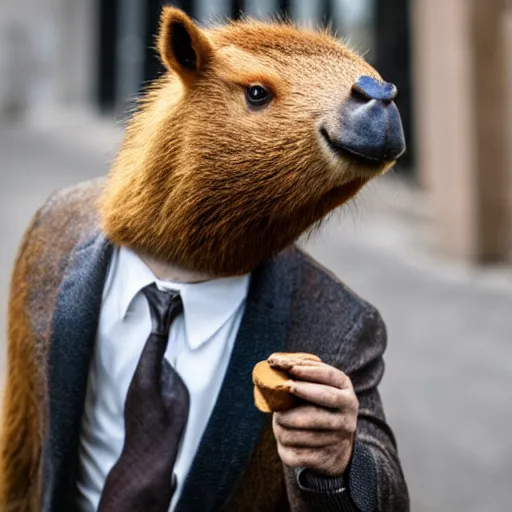 Image similar to an antropomorphic capybara wearing a suit smoking a cigar