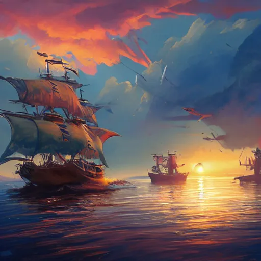 Image similar to two large pirates ship floating on top of a body of water at sunset, fighting each other, pirates flag , cgsociety, fantasy art, 2d game art, concept art , ambient occlusion, bokeh, behance hd , concept art by Jesper Ejsing, by RHADS, Makoto Shinkai Cyril Rolando