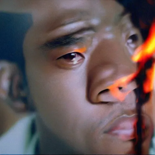 Image similar to cinematic film still of rapper JID starring as a Japanese Sensei with fire, Japanese CGI, VFX, 2003, 40mm lens, shallow depth of field, film photography