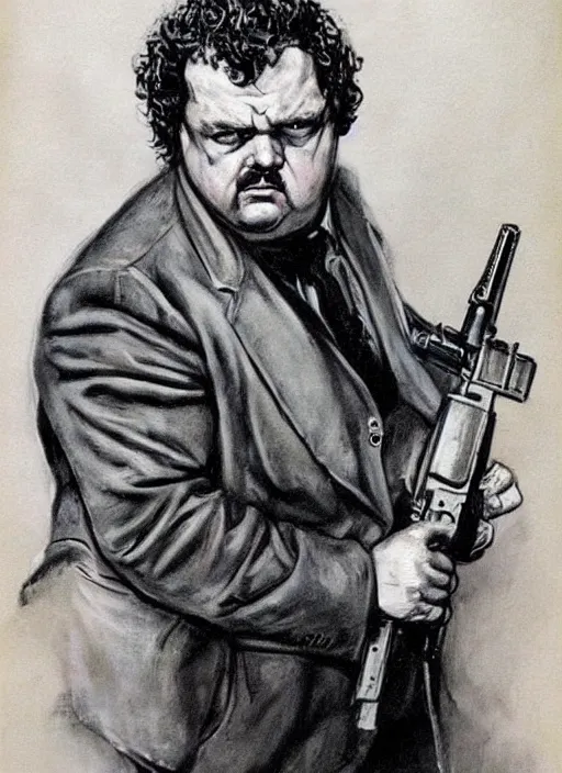 Image similar to gk chesterton as a buff action hero with muscles and a shotgun. portrait by james gurney. realistic face. awesome.