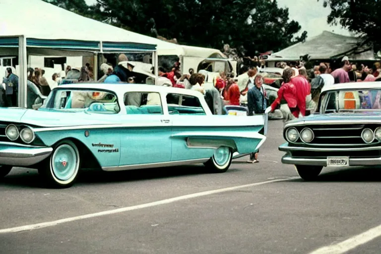 Image similar to realistic photo of a 1 9 6 0 s car show, highly detailed,