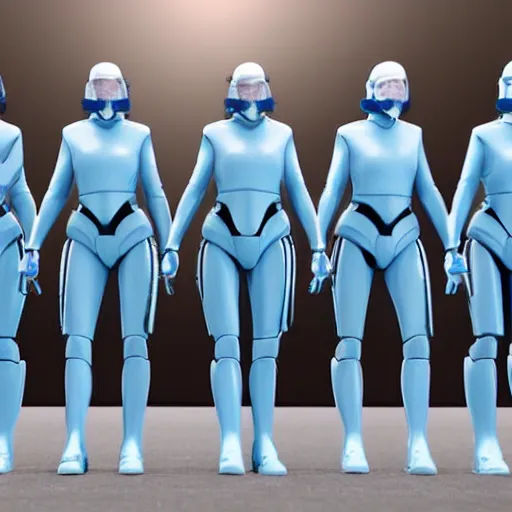 Image similar to troop of cloned women with white bob hairdos, tight light blue space trooper suits, futuristic cloning facility, sci - fi, highly detailed, cinematic