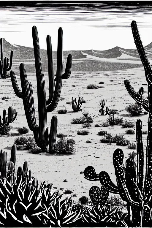 Prompt: art by david frazer, a beautiful black ink linocut print of a desert with a few cacti here and there, 8 k, frostbite 3 engine, cryengine, dof, trending on artstation, digital art, crepuscular ray