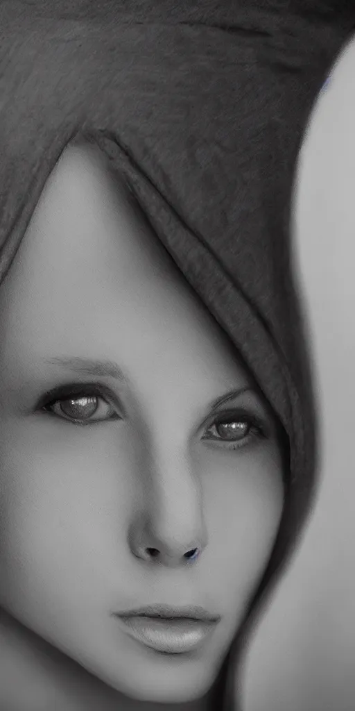 Prompt: women with cloth over her head that show the contours of her face, highly detailed, modern, digital art, black and white, unreal engine