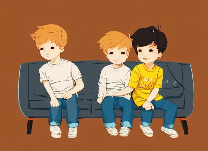 Image similar to two little boys sitting on a couch, they are best friends. a little blonde boy and a little ginger boy. clean cel shaded vector art. shutterstock. behance hd by lois van baarle, artgerm, helen huang, by makoto shinkai and ilya kuvshinov, rossdraws, illustration, art by ilya kuvshinov