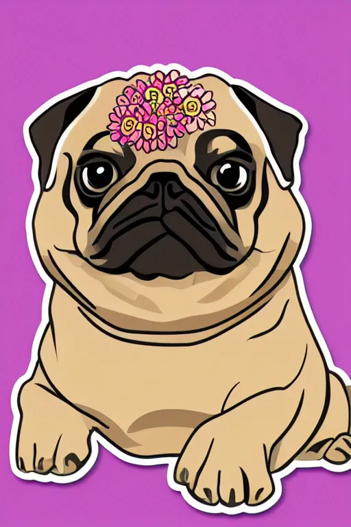 Image similar to portrait of a flower pug, art by milka oxana, sticker, colorful, illustration, highly detailed, simple, smooth and clean vector curves, no jagged lines, vector art, smooth