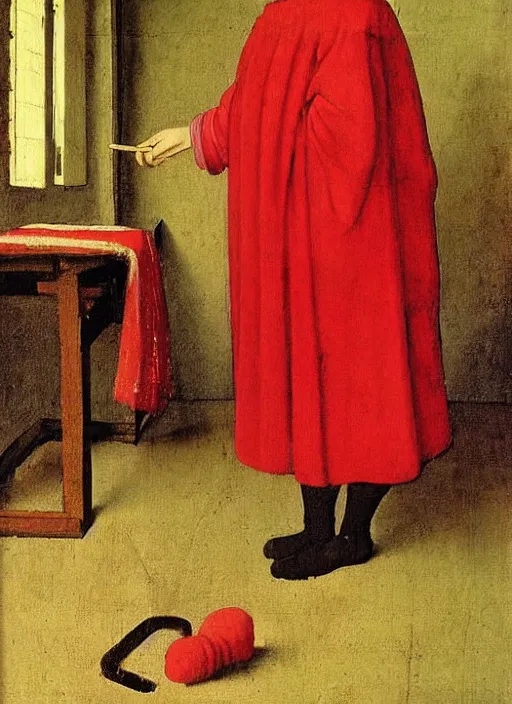 Image similar to red cloth and red shoes, medieval painting by jan van eyck, johannes vermeer