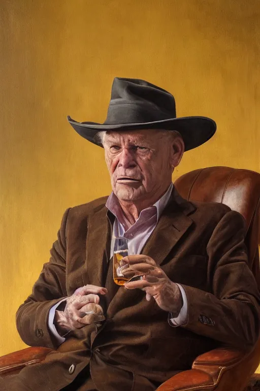 Image similar to retired barney, sitting in a lounge, sipping whiskey and smoking a cigar, oil on canvas, intricate, portrait, 8 k highly professionally detailed, hdr, cgsociety