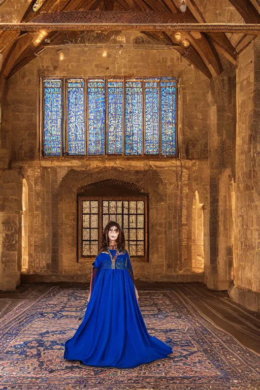 Prompt: a photo of a beautiful young Persian princess wearing a traditional blue dress, standing in a large empty hall, lit from above with vaulted ceilings and high windows. Photorealistic.