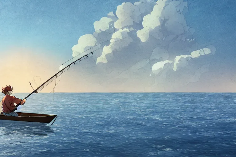 Image similar to cell shaded anime key visual of a fantasy fisherman in a small boat on a lake in the style of studio ghibli, moebius, makoto shinkai, dramatic lighting