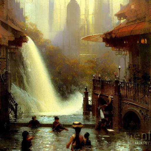 Image similar to waterfall flooding an entire city. victorian age. highly detailed painting by gaston bussiere, craig mullins, j. c. leyendecker