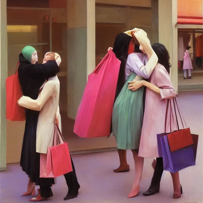 Image similar to colorful women hugging with a paper bag over the head, dressed in plastic bags, inside shopping center, highly detailed, artstation, art by , edward hopper, zdislav beksinski, wayne barlowe