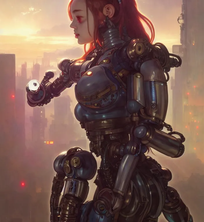 Image similar to full body painting of chuu loona cyberpunk mercenary smiling and fighting a robot, ultra realistic, concept art, intricate details, eerie, highly detailed, photorealistic, octane render, 8 k, unreal engine. art by artgerm and greg rutkowski and magali villeneuve and alphonse mucha