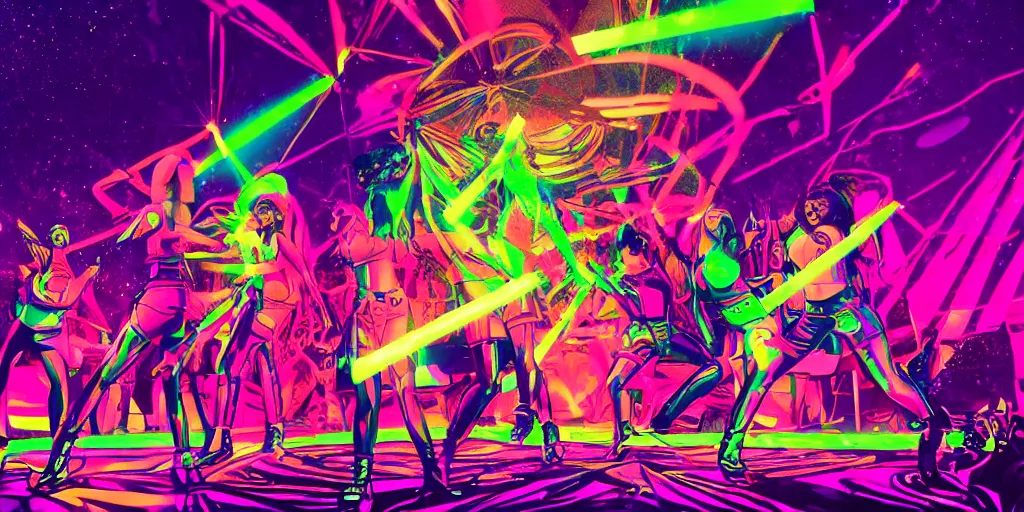 Image similar to female rappers performing on stage with laser light show, digital art, vapor wave, hip hop, psychedelic, trending on Artstation, professional artist, detailed, 4k