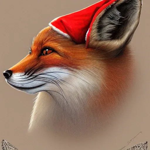 Image similar to perfectly-centered-Portrait-full-shot of a fox, wearing a santa hat, intricate, elegant, super highly detailed, professional digital painting, artstation, concept art, smooth, sharp focus, no blur, no dof, extreme illustration, Unreal Engine 5, 8K, art by artgerm and greg rutkowski and alphonse mucha and loish and WLO