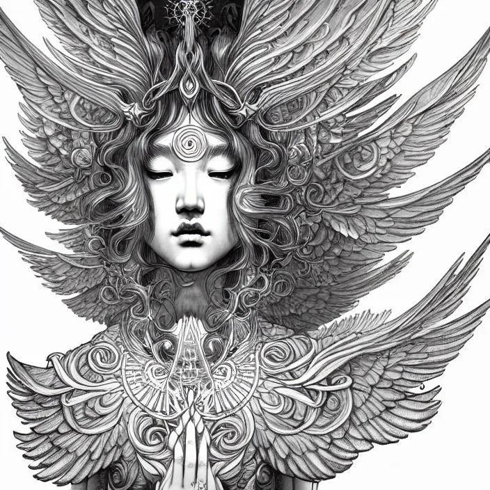 Image similar to stylized art of an psychedelic angelic celestial being by jung gi kim, trending on artstation, winged head, white gold skin, ayahuasca, sacred geometry, esoteric art, watercolor