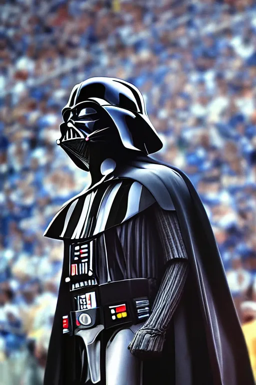 Image similar to Darth Vader happily cheering in the stands at a football game oil on canvas, intricate, portrait, 8k highly professionally detailed, HDR, CGsociety