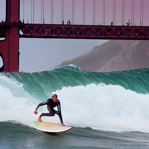 Prompt: action photo of a surfer surfing a tsunami about to crush the golden gate, action photograph