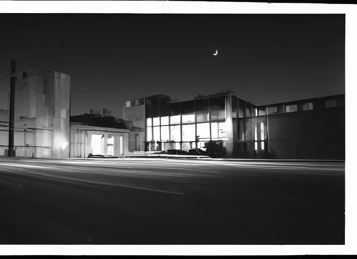 Prompt: a building seen from a dark parking lot in los angeles at night. 1 9 9 0 urban photography