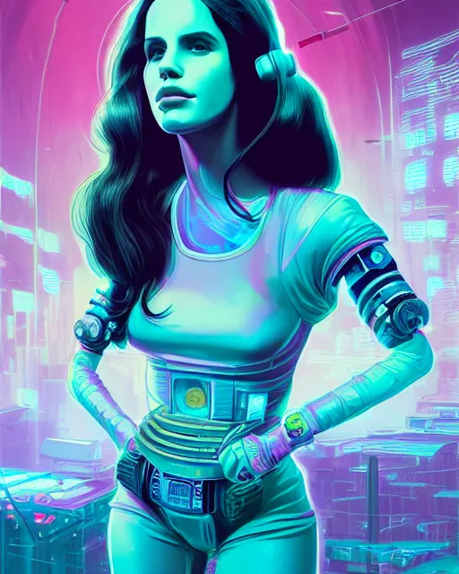 Image similar to portrait of lana del rey as a cyberpunk cyborg. roses, sci - fi, missing panels, intricate abstract, upper body, intricate artwork, by tooth wu, wlop, beeple, dan mumford. concept art, 8 k octane render, deviantart, greg rutkowski, cinematic, key art, hyperrealism, iridescent accents