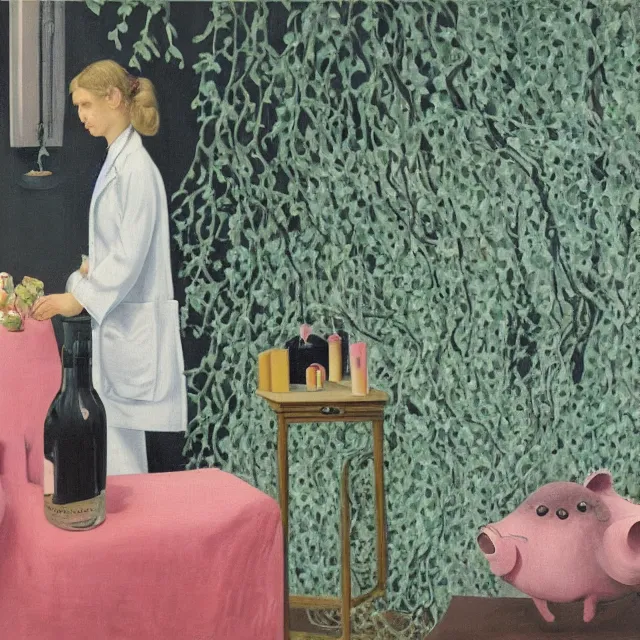 Image similar to a female pathology student in her apartment, wrapped in vines, medical equipment, candles, octopus, first aid kit, pig, black walls, ikebana, black armchair, sculpture, acrylic on canvas, surrealist, by magritte and monet