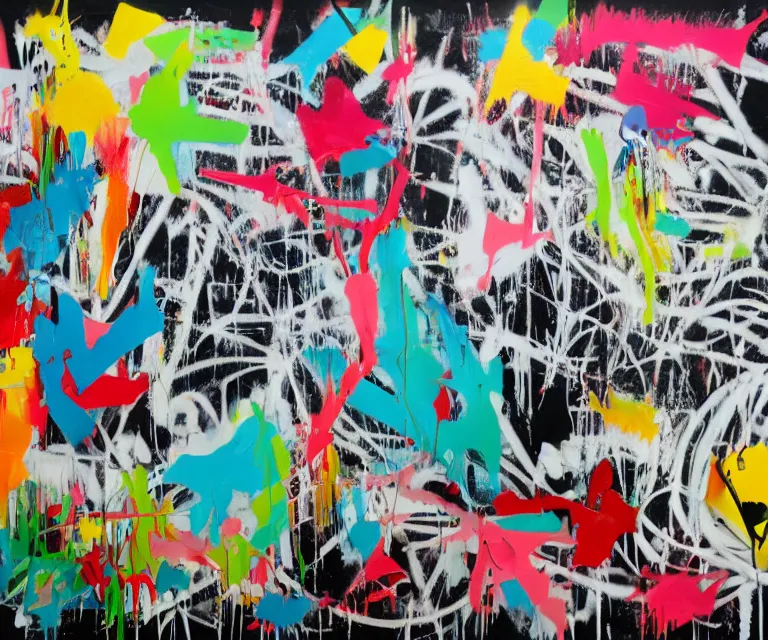 Prompt: acrylic and spraypaint, painting, paint drips, acrylic, graffiti throws, graffiti bubble letters, wildstyle, clear shapes, spraypaint, smeared flowers, origami crane drawings, oil pastel gestural lines, large triangular shapes, painting by ashley wood, basquiat, masterpiece