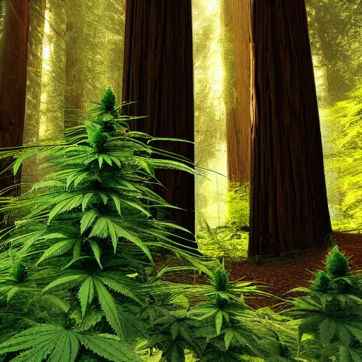 Image similar to of marijuana plants instead of coastal redwood trees in the redwoods forest in california, 4 k photorealism hd