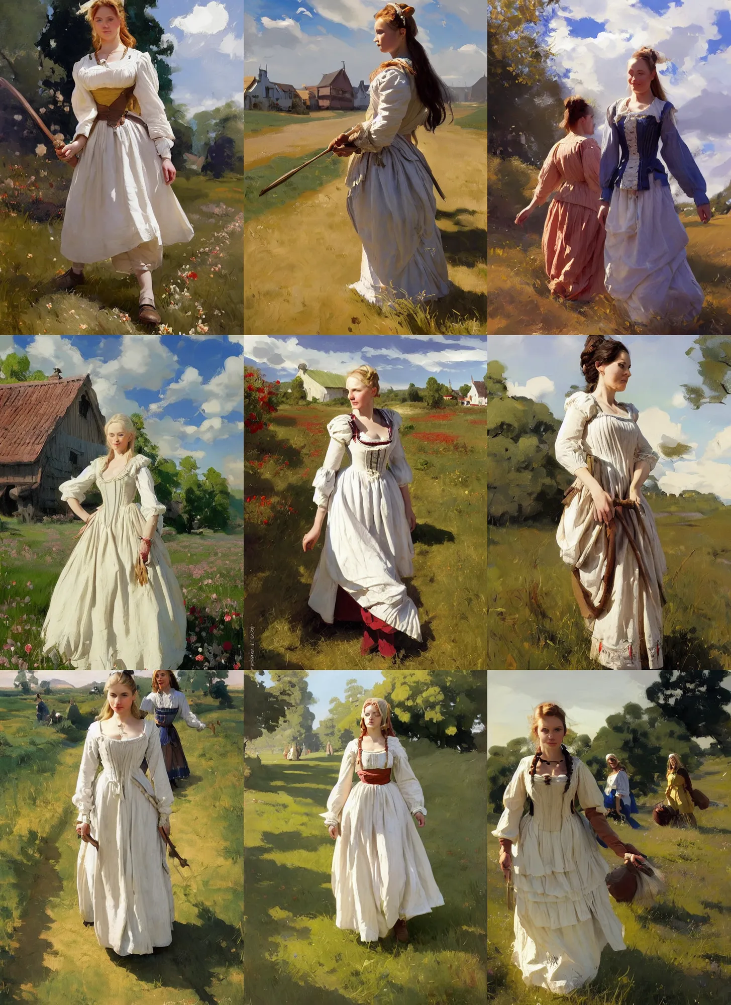 Prompt: finnish norwegian swedish scandinavian attractive village maiden wearing 1 7 th century bodice walking in the field in a sunny day, jodhpurs greg manchess painting by sargent and leyendecker, studio ghibli, fantasy, medium shot, asymmetrical, intricate, elegant, matte painting, illustration, hearthstone, by greg rutkowski, by greg tocchini, by james gilleard