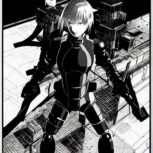 Image similar to high quality illustration of a cyber ninja infiltrating a palace in the style of ghost in the shell and blame and akira, manga, black and white, pencil, traditional art, anime, by katsuhiro otomo and tsutomu nihei and masamune shirow and studio ghilibi and yukito kishiro, highly detailed, sharp lines