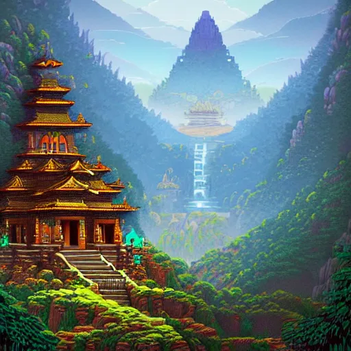 Image similar to mysterious temple in the mountains, fantasy landscape, extremely detailed, sharp focus, pixelart, wide view, digital illustration, by dan mumford, greg rutowski, johan grenier