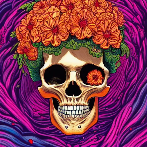 Image similar to ortographic view of a large skull with vivid flower hair by Jen Bartel and Dan Mumford and Satoshi Kon, gouache illustration