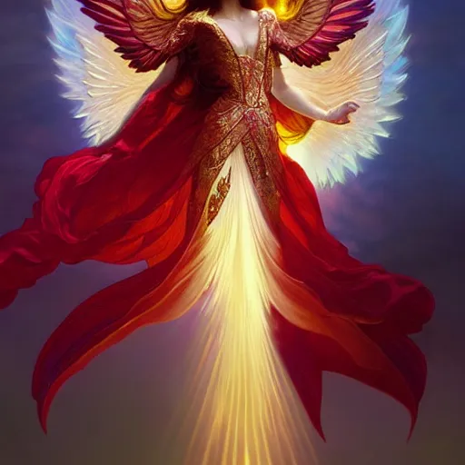 Image similar to a beautiful orchid phoenix angel woman, in an ornamented dress with large wings, volumetric light, god rays, 8 k high resolution, rubies, by greg rutkowski, artgerm, alphonse mucha