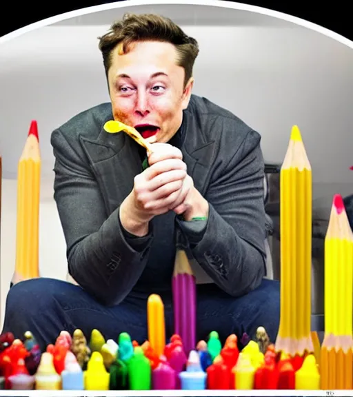 Prompt: an award winning photo of elon musk eating!! crayons!!!!!!, crayons!!!!!, 4 k, high quality