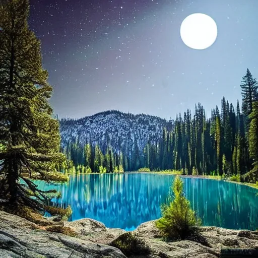 Image similar to a mirror lake in a forest of blue sequoia trees, lush, with mountains and hills and cliffs and towns full moon, dark clear sky with stars, light blue sparking and glowing dust in the wind. fantastic, mystical, glow