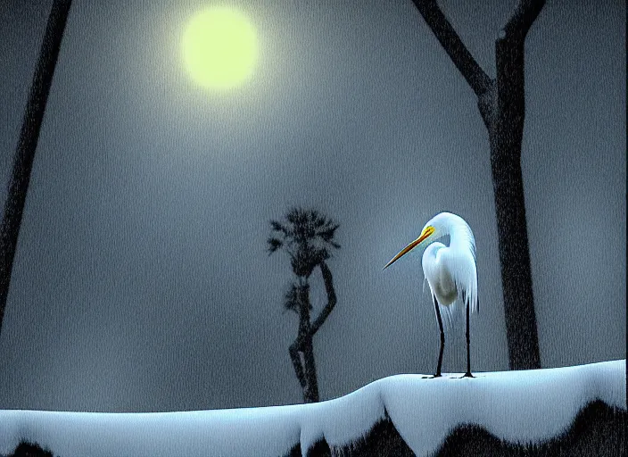 Image similar to an extremely detailed masterpiece photorealistic of a snowy egret in a rookery, in the style of brian bolland, digital art, unreal engine, volumetric lighting, dark moody lighting, epic scene