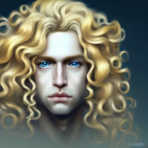 Image similar to the pale blond androgynous male god of the sun, highly detailed, very very very curly golden blond hair, baroque curls, curtain bangs, central parted fringe, extremely luscious curly blond hair, very very very pale white skin, digital painting, artstation, concept art, soft light, sharp focus, illustration