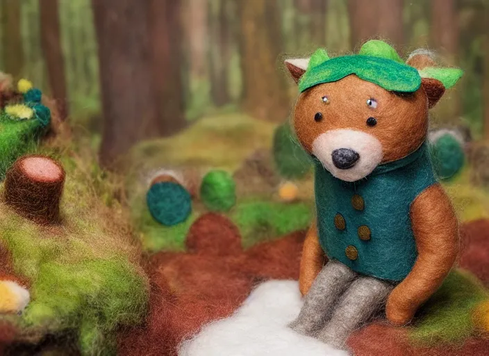 Image similar to high - res photograph of a felt sculpture diorama with cute fluffy forest critters, highly detailed sculpey diorama, forest setting, waterfall backdrop, realistic materials, wood, felt, cloth, burlap, smooth, sharp foccus, commercial product photography,