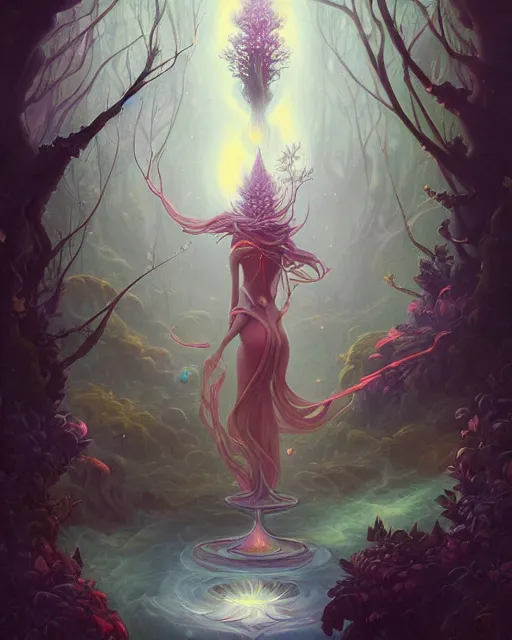 Prompt: astral flower fountain, twisting woodlands, peter mohrbacher, james jean, artstation