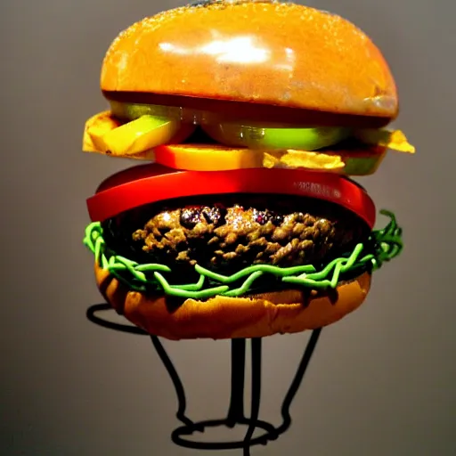 Image similar to cheeseburger sculpture made out of rusty barbed wire.