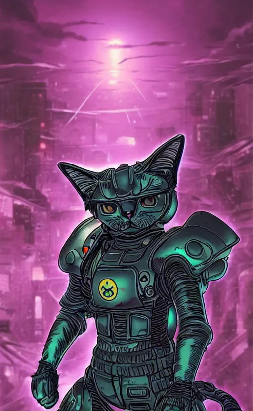 Image similar to portrait of a cat in a battlesuit in the style of masamune shirow 4 k, intricate, highly detailed, cinematic lighting