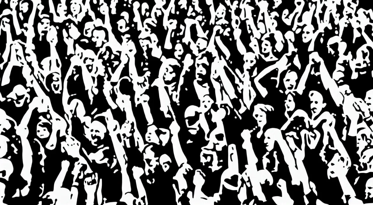 Image similar to black and white, high contrast, low angle, pop art of a group of workers raising their fists